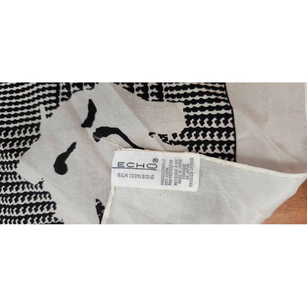 Echo Club 7 100% Silk Scarf Black White Floral Plaid Square 27” Vintage Designer - Picture 6 of 8
